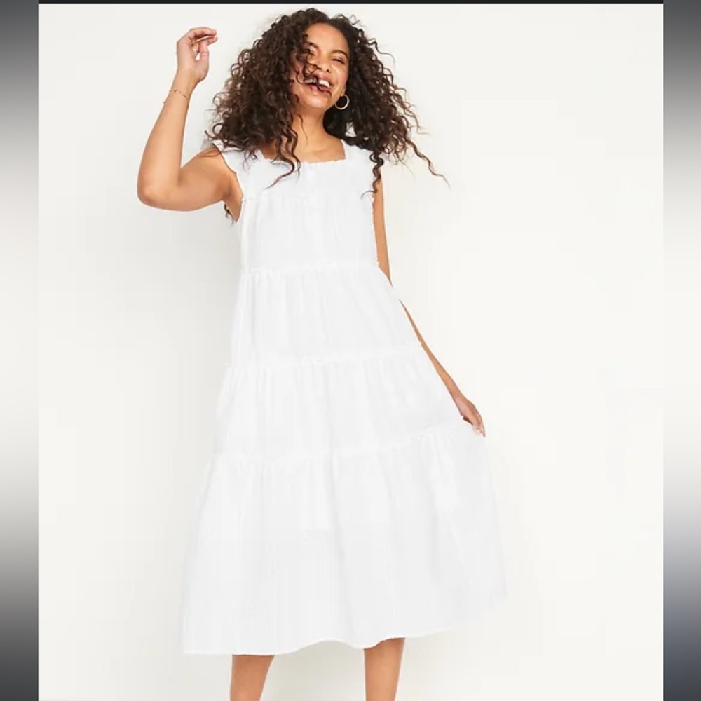 Flutter-Sleeve Printed Tiered Smocked Midi Swing Dress Size Large Milk Maid 🥛